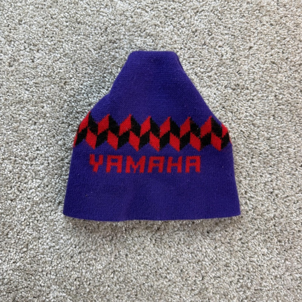 Vintage Yamaha Hat Beanie Mens One Size Purple Red Racing Knit Diamond Pattern